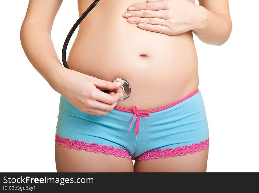 Pregnant belly in pink and blue panties on isolated background