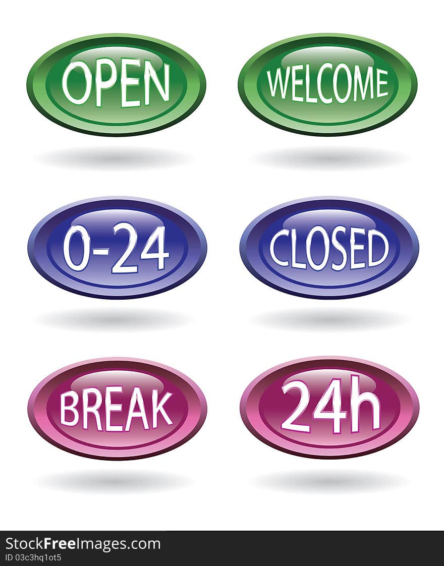 Set of shop or store signs - open, close, welcome, 24hours. Set of shop or store signs - open, close, welcome, 24hours.