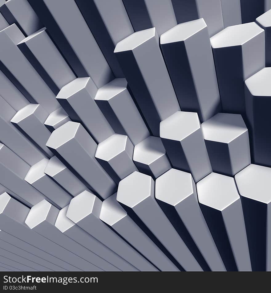 Hexagonal tubes organized as terrain or background in high angle perspective with bluish grey metallic tint. Hexagonal tubes organized as terrain or background in high angle perspective with bluish grey metallic tint