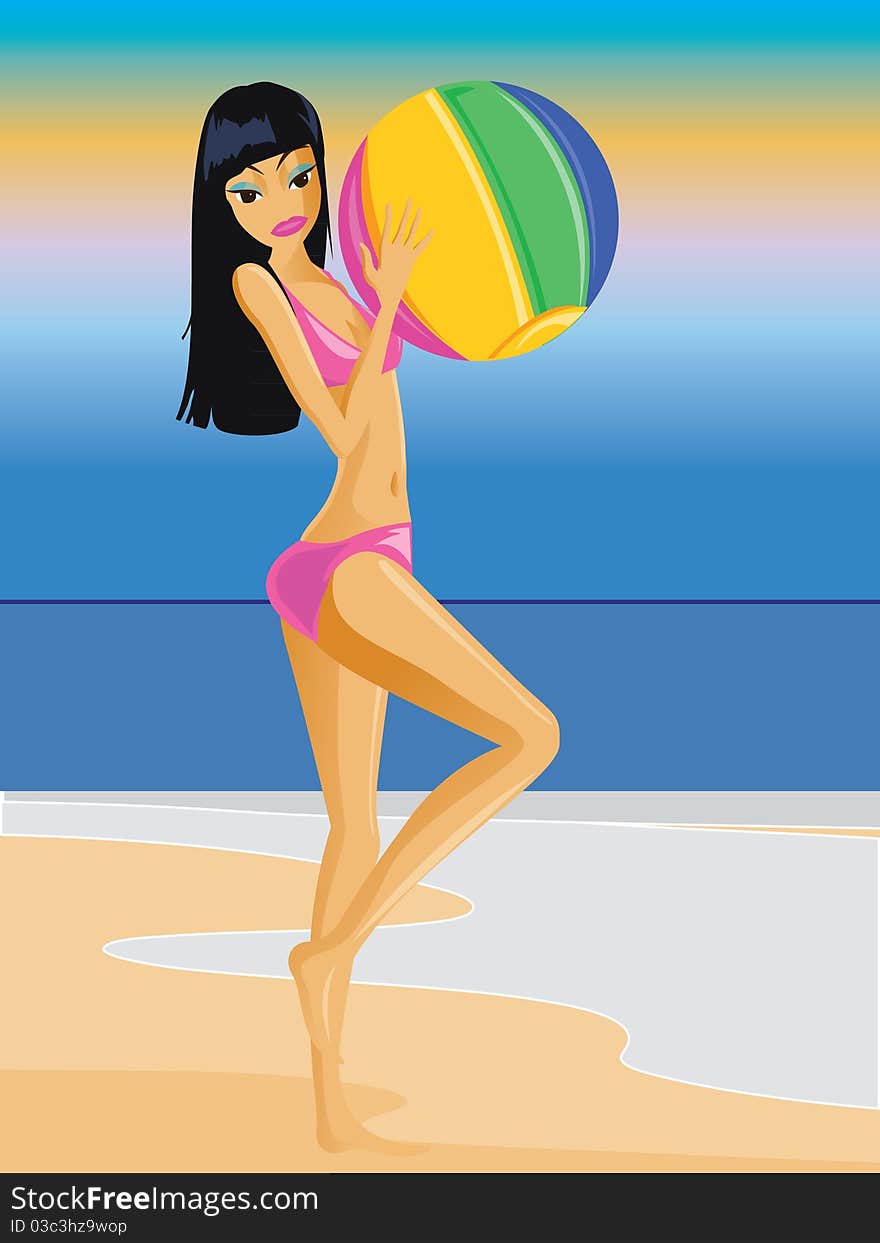 Girl on Summer beach with ball