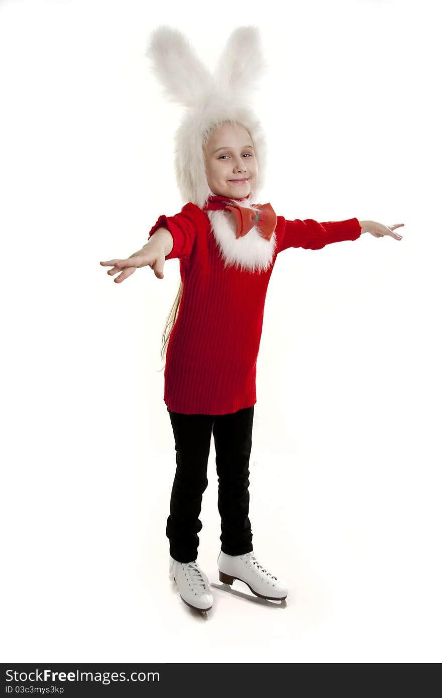 Girl bunny standing on the skates