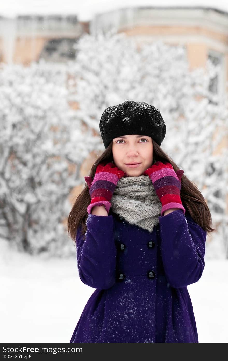 Attractive brunette young woman in winter