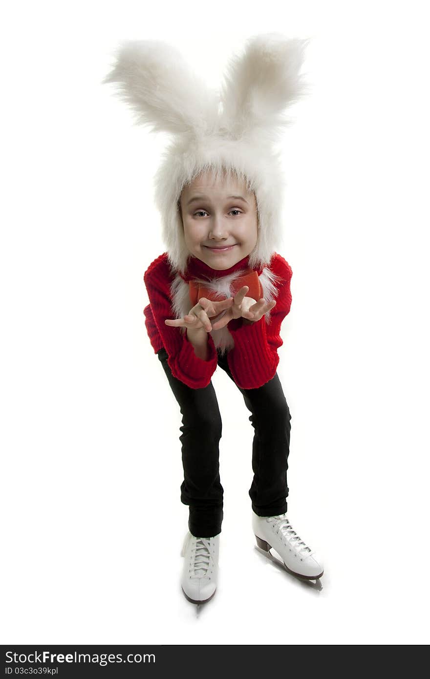 Сhild in a white bunny costume.