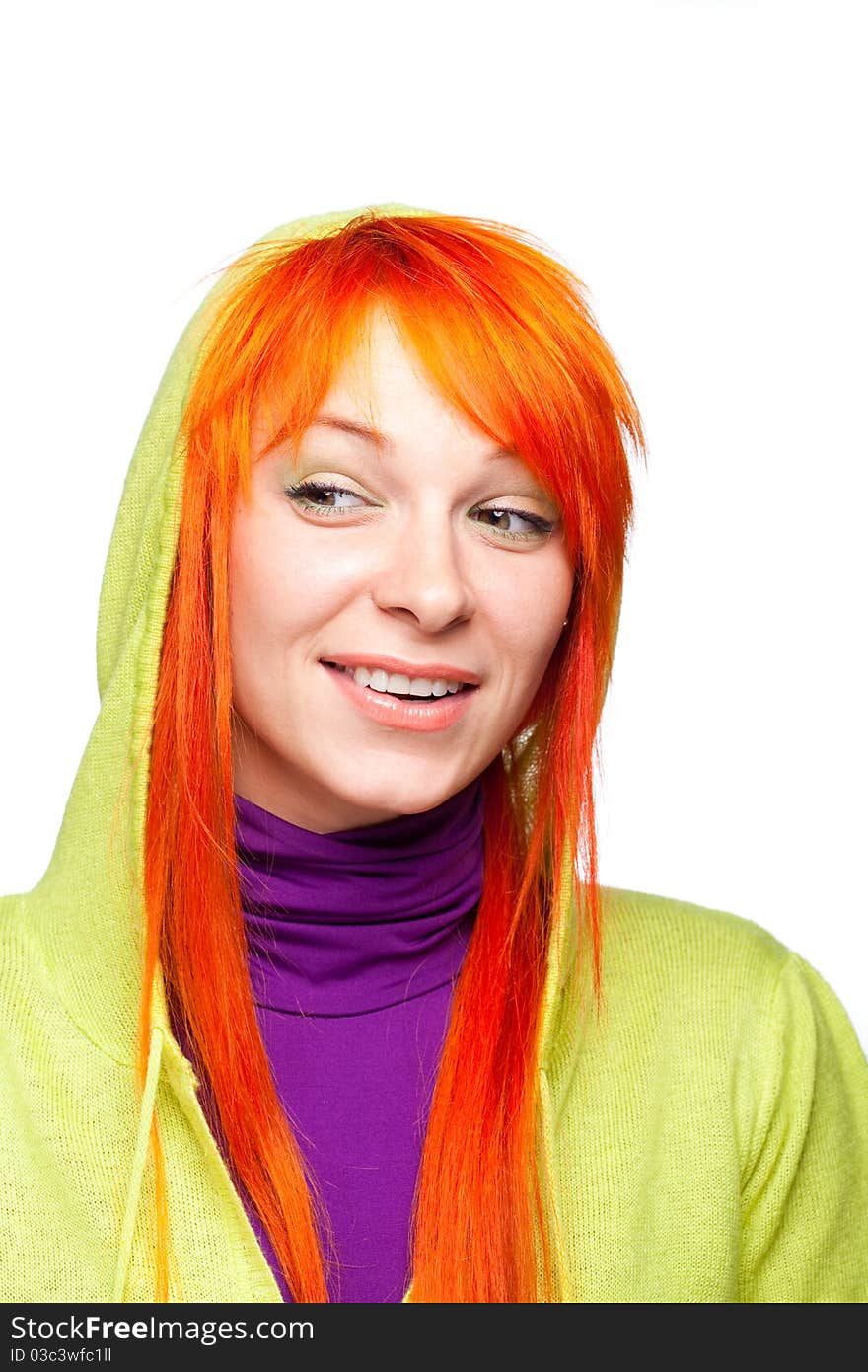 Closeup portrait of curious smiling red hair woman