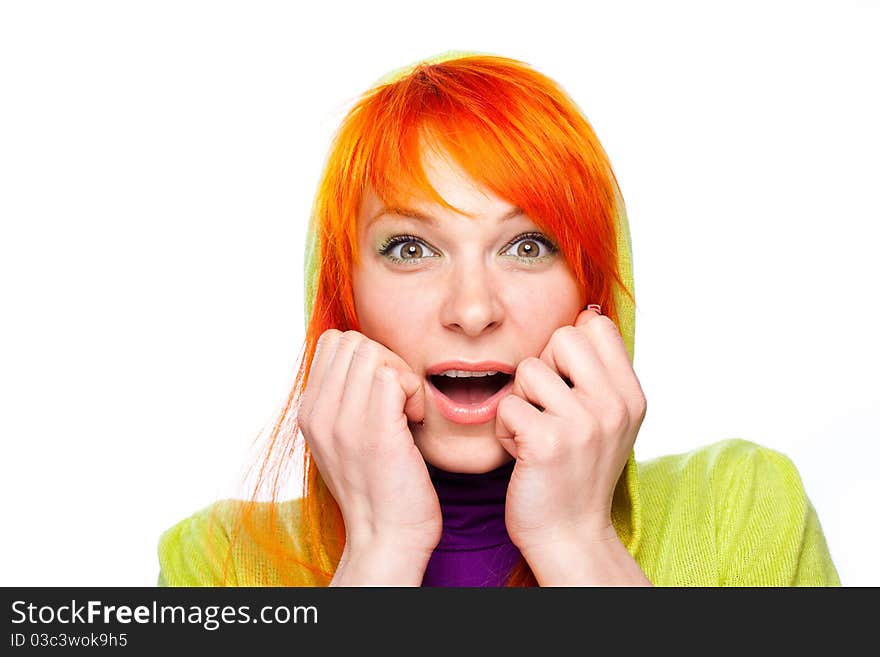 Closeup portrait of surprised red hair woman with open hands and mouth