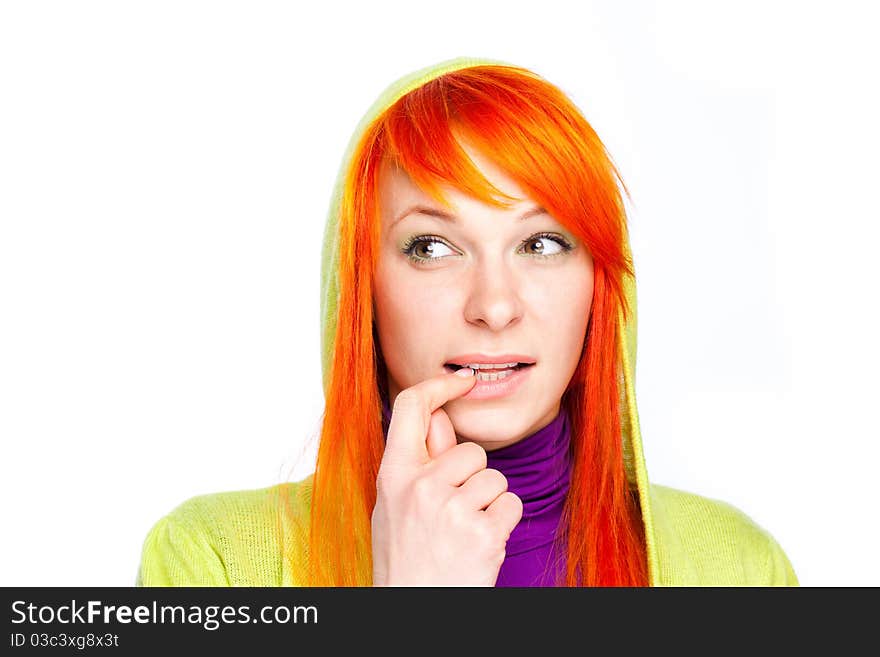 Closeup portrait of red hair curious woman holding finger at mouth