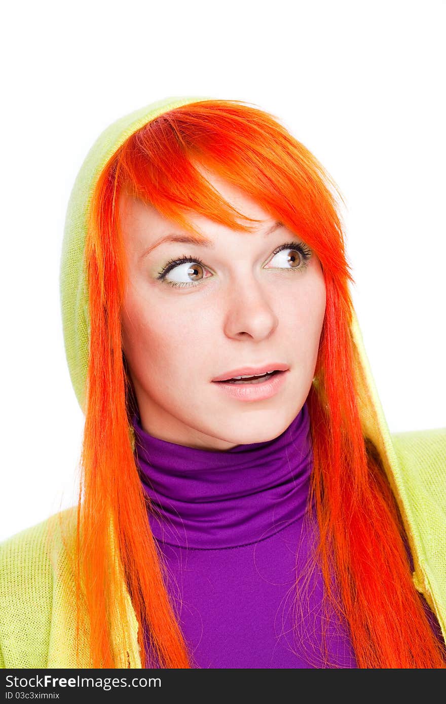 Closeup portrait of surprised red hair woman with open mouth