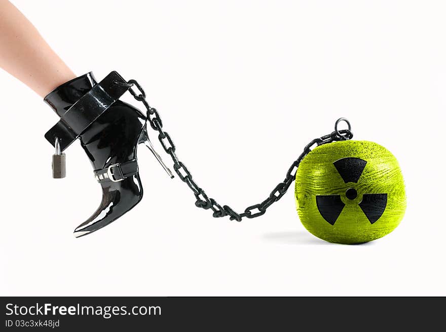 Leg chained to a prison ball symbolizing nuclear energy. Leg chained to a prison ball symbolizing nuclear energy