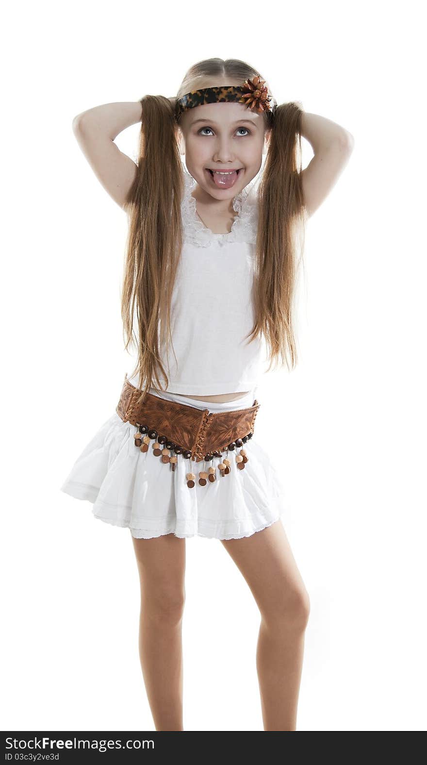 Fan little girl smiling. Isolated white.