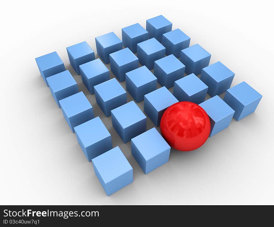 Red sphere in a surrounding of blue cubes. Red sphere in a surrounding of blue cubes