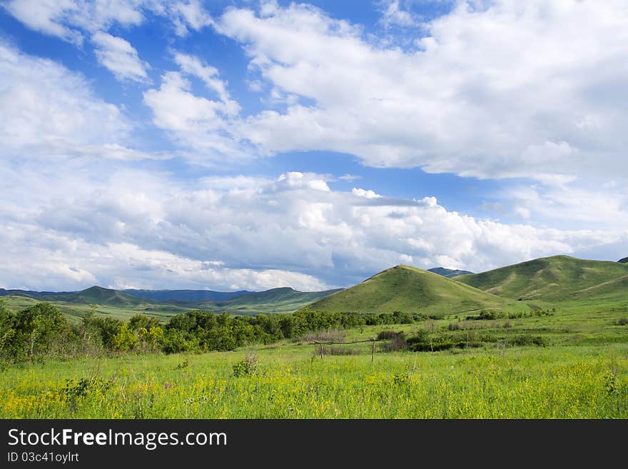 Green field and a blue sky with clouds.