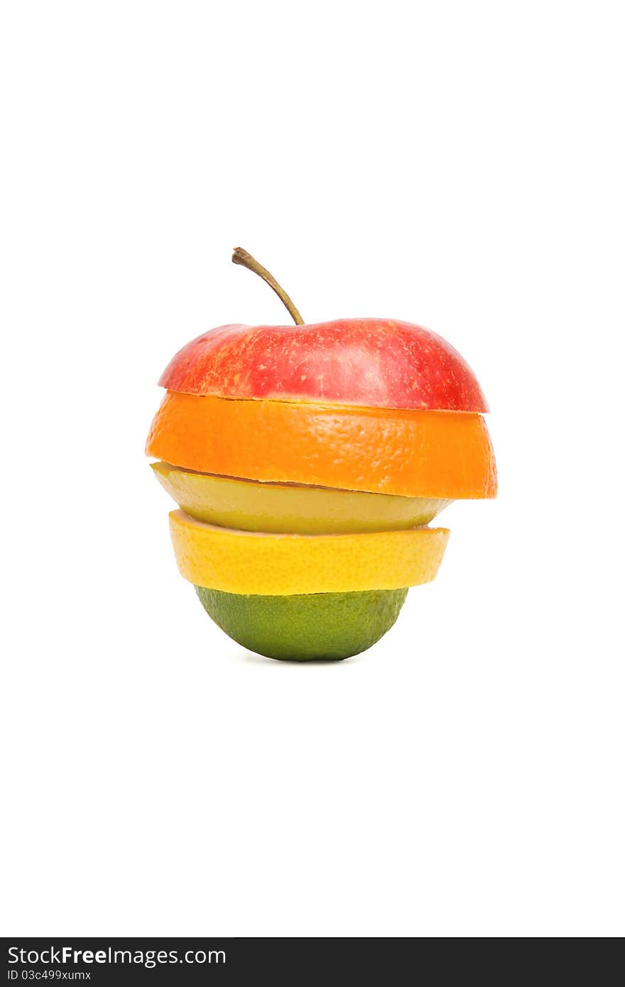 Sliced fruits (lemon, orange & apple) isolated on white