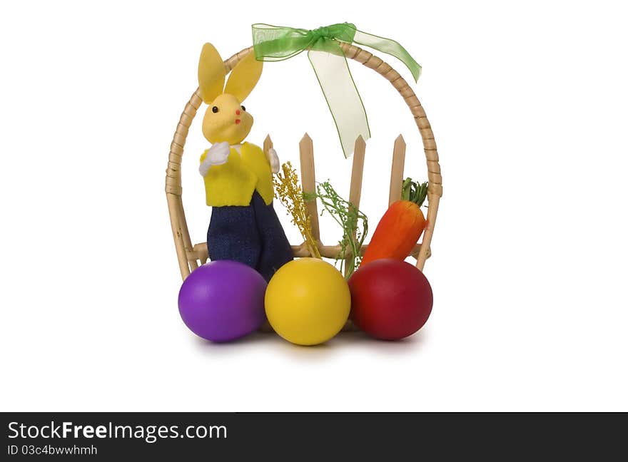 Easter bunny with easter eggs on white background.