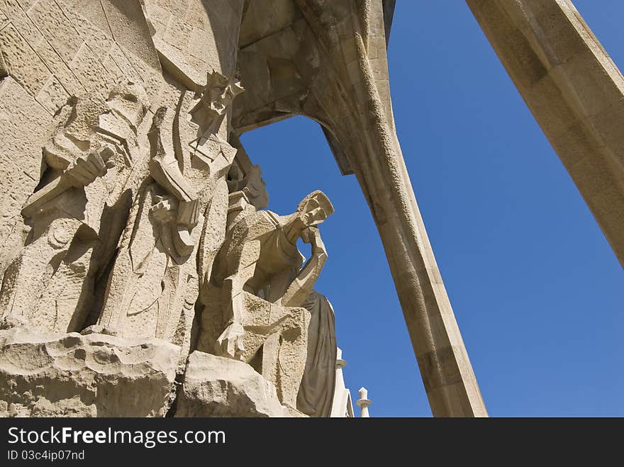 Passion facade (part) of Sagrada Familia(Gaudi's famous and uncompleted church) in Barcelona,Spain.