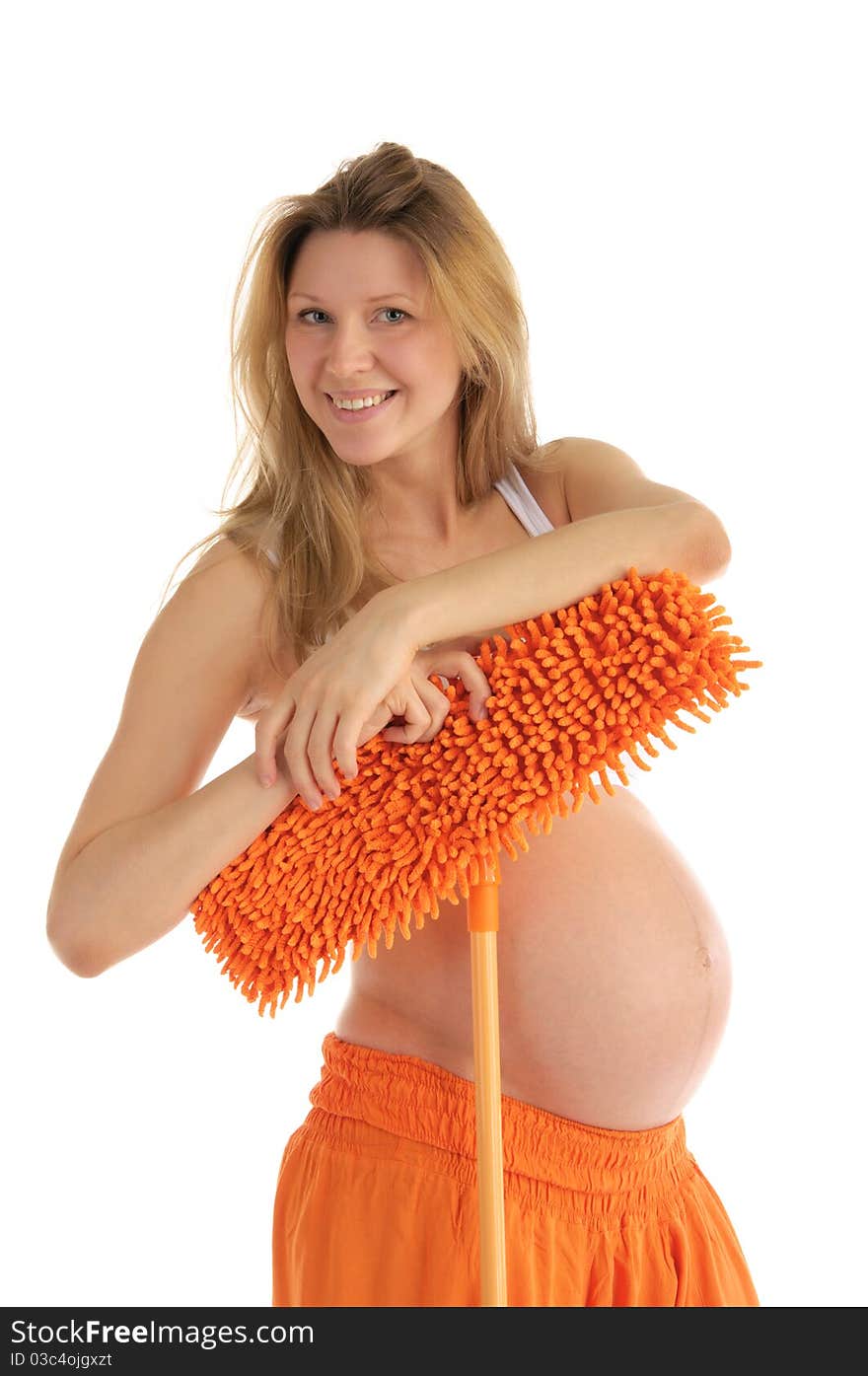 Happy pregnant woman with a mop