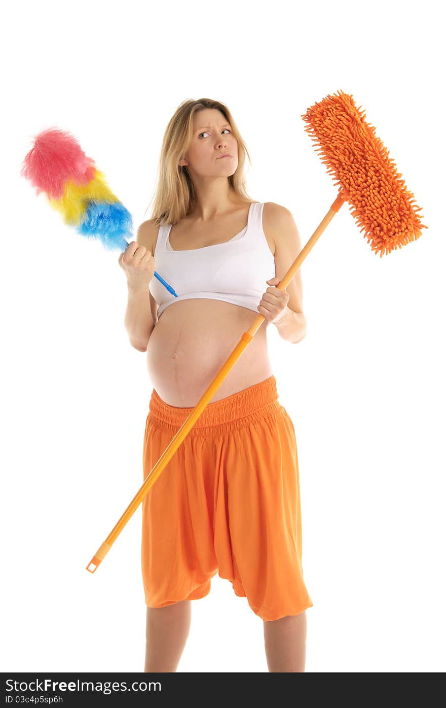 Astonished at the pregnant woman with a mop