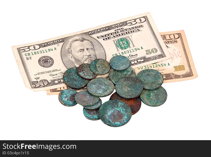 Antique russian coin and dollar