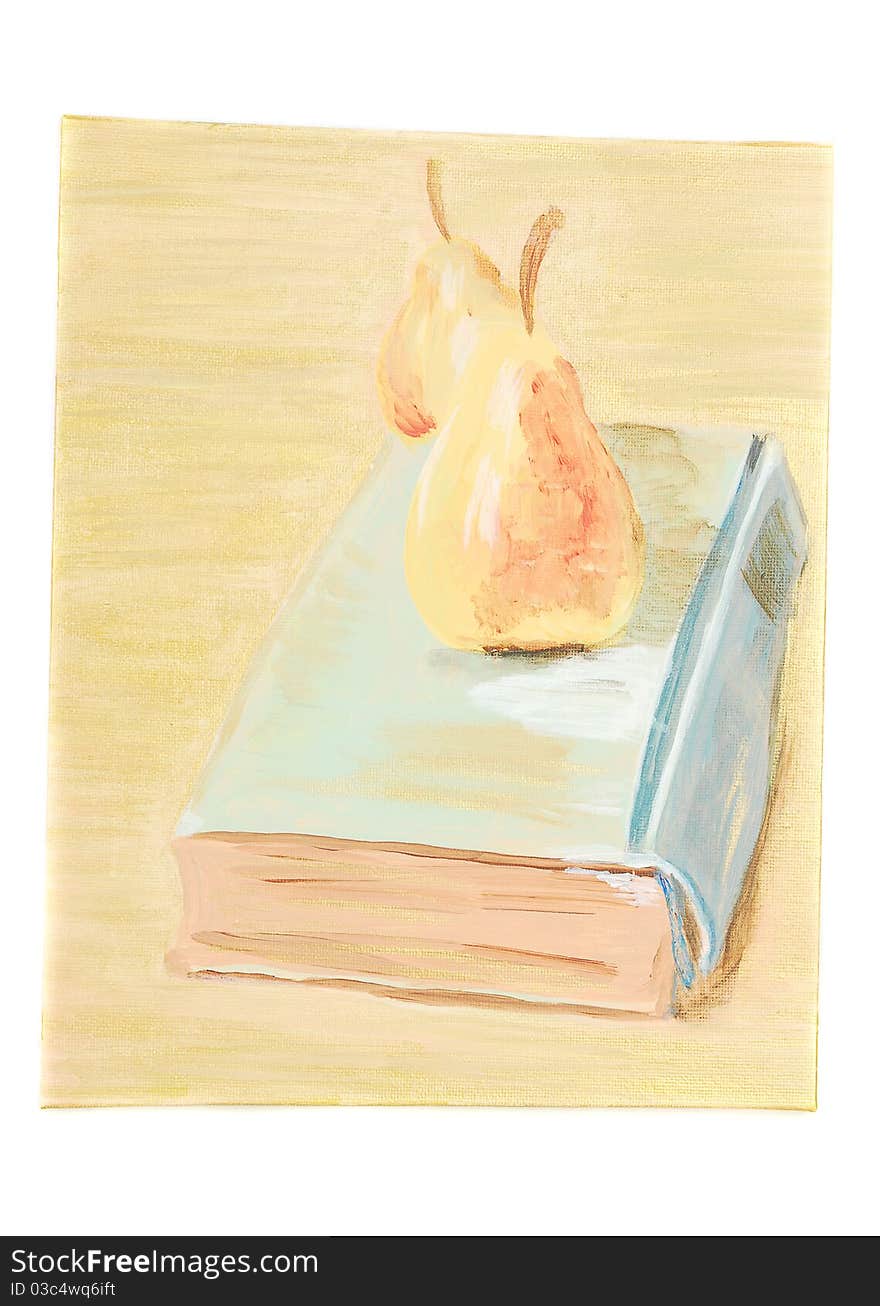 Art with pears and old book on the gold background on the white. Art with pears and old book on the gold background on the white.