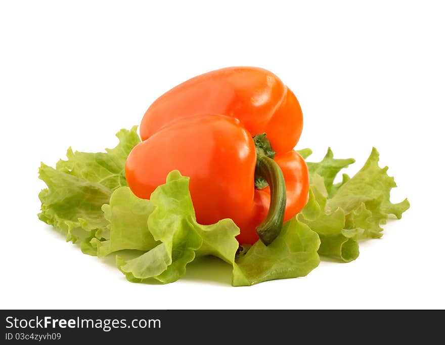 Fresh pepper with lettuce isolated on white. Fresh pepper with lettuce isolated on white