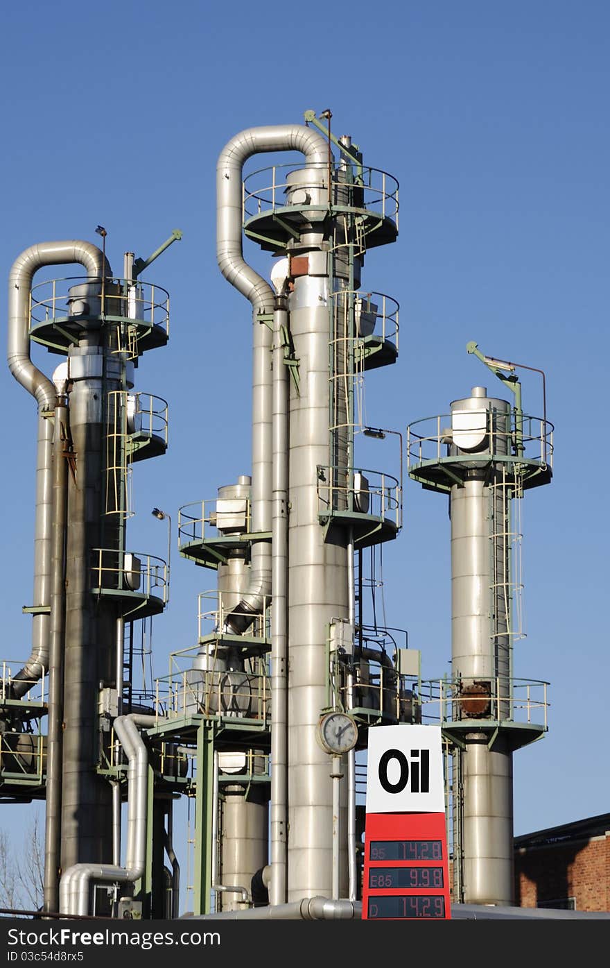 Oil and gas installation, towers, pipes and oil-sign. Oil and gas installation, towers, pipes and oil-sign