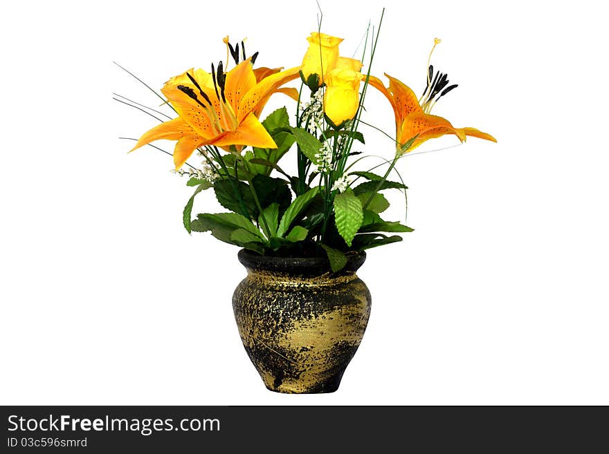 Yellow artificial hibiscus flowers and roses in the pot, isolated on white background