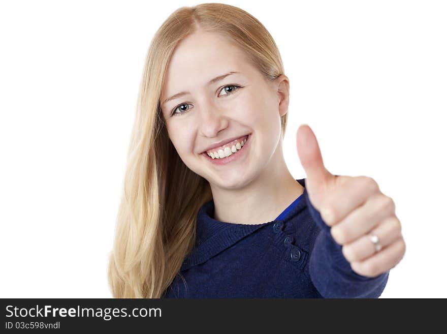 Young beautiful smiling woman shows thumb up. Isolated on white.