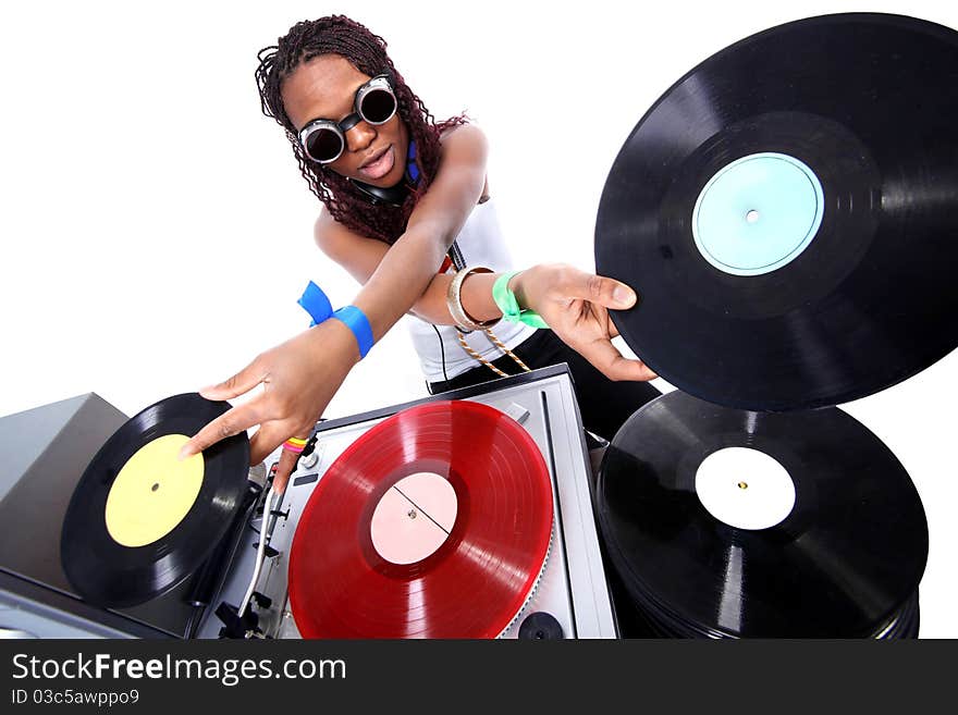 Cool afro american DJ in action isolated on white