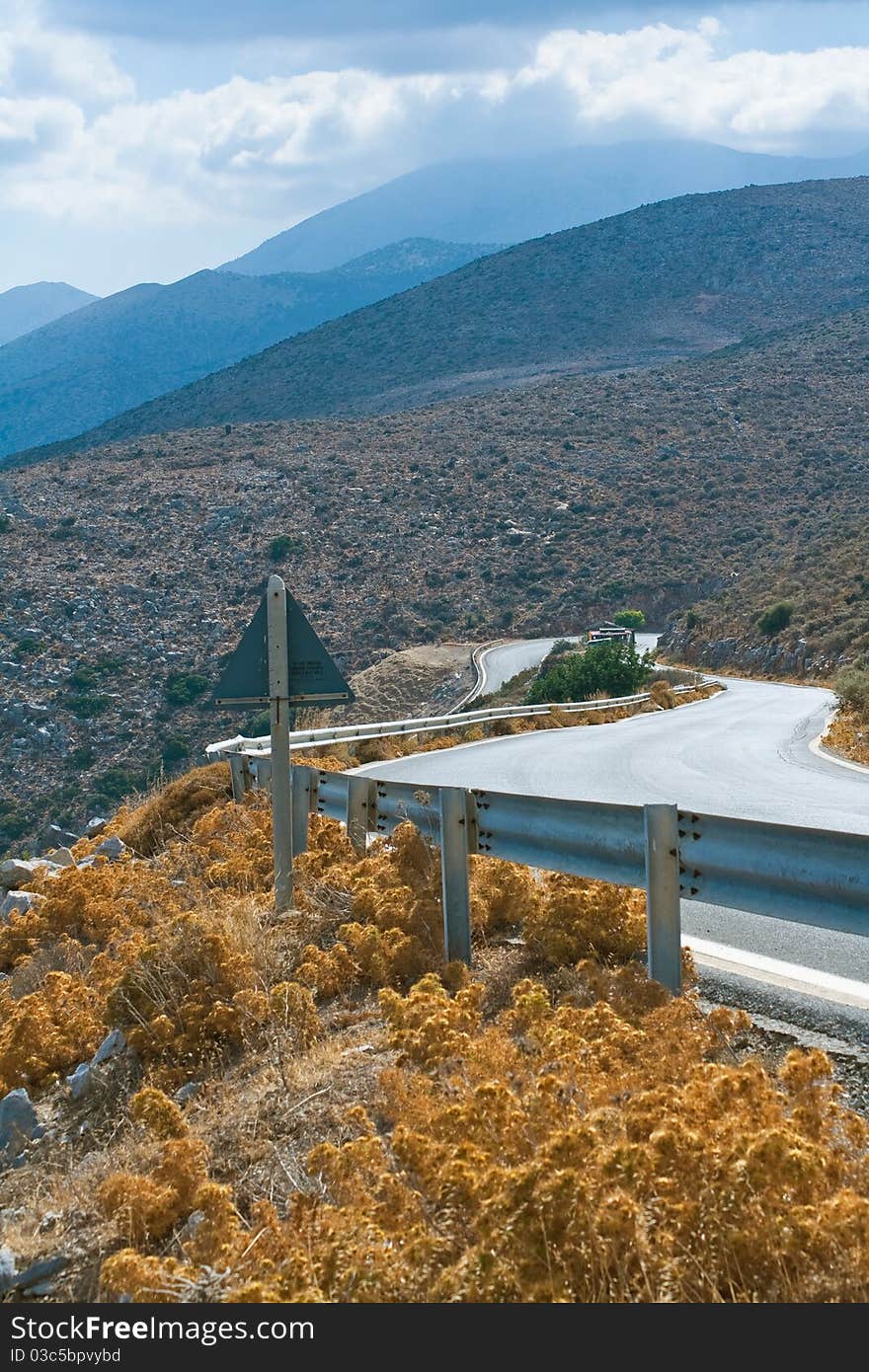 Winding road in the mountains of Crete, Greece.