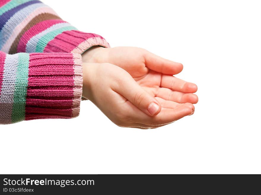 Little child hands open. Isolated on white background