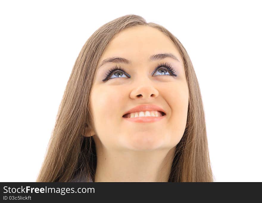 Isolated young woman looking upwards