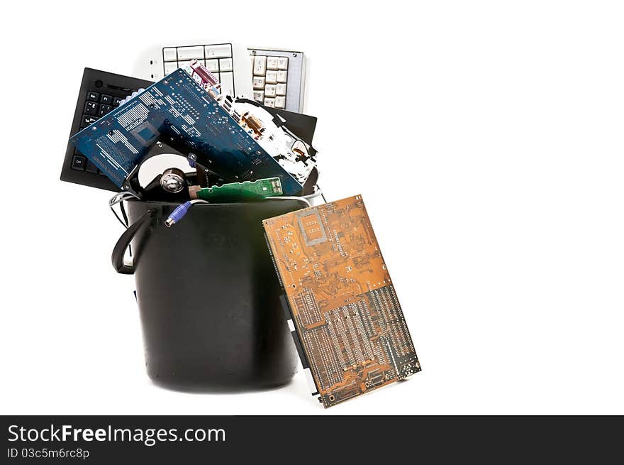 Discarded, used and old computer hardvware. Isolated on white background. Discarded, used and old computer hardvware. Isolated on white background