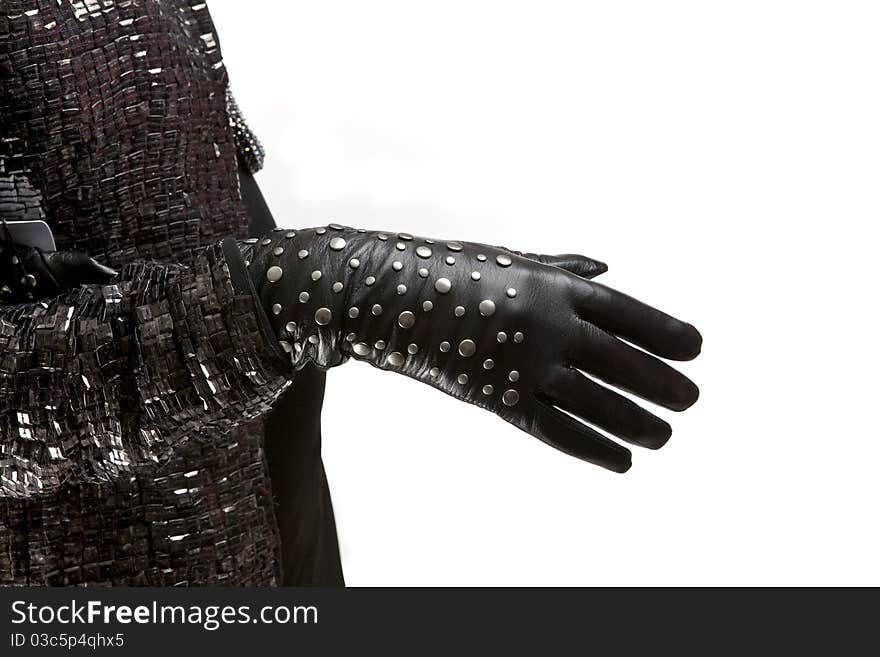 Futurist gloves wear by a woman on a white background