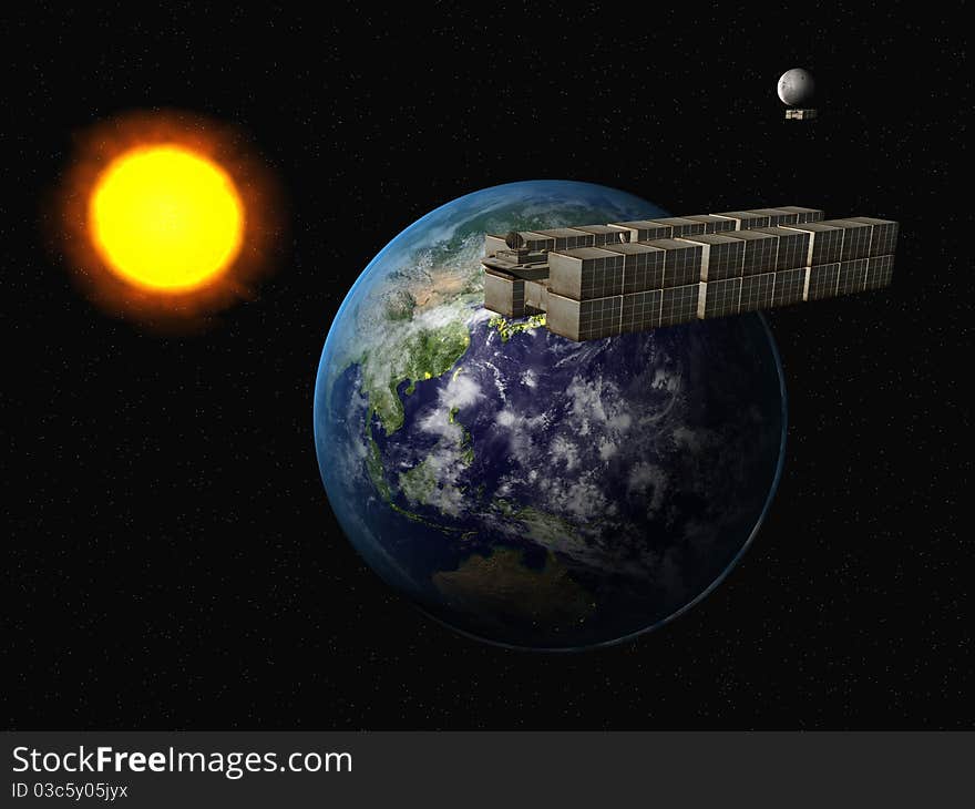 Garbage ship in Sun system over Earth