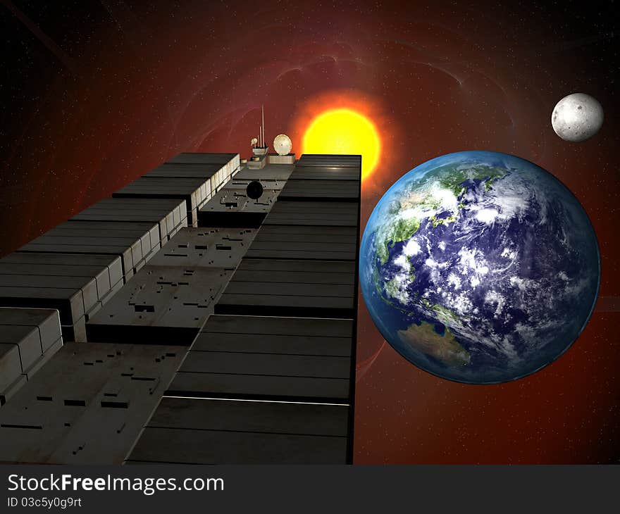 Garbage ship in Sun system over Earth