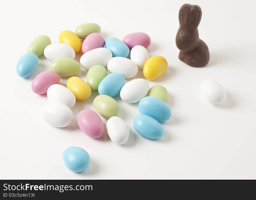 Colorful Easter almonds on white background. Colorful Easter almonds on white background