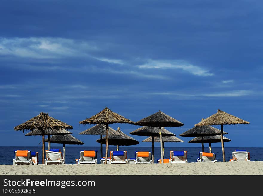 Decks and umbrella on beach