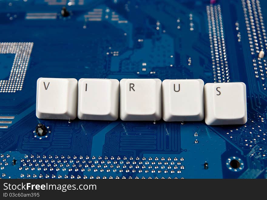 Background from electronic blue circuit board with word virus.