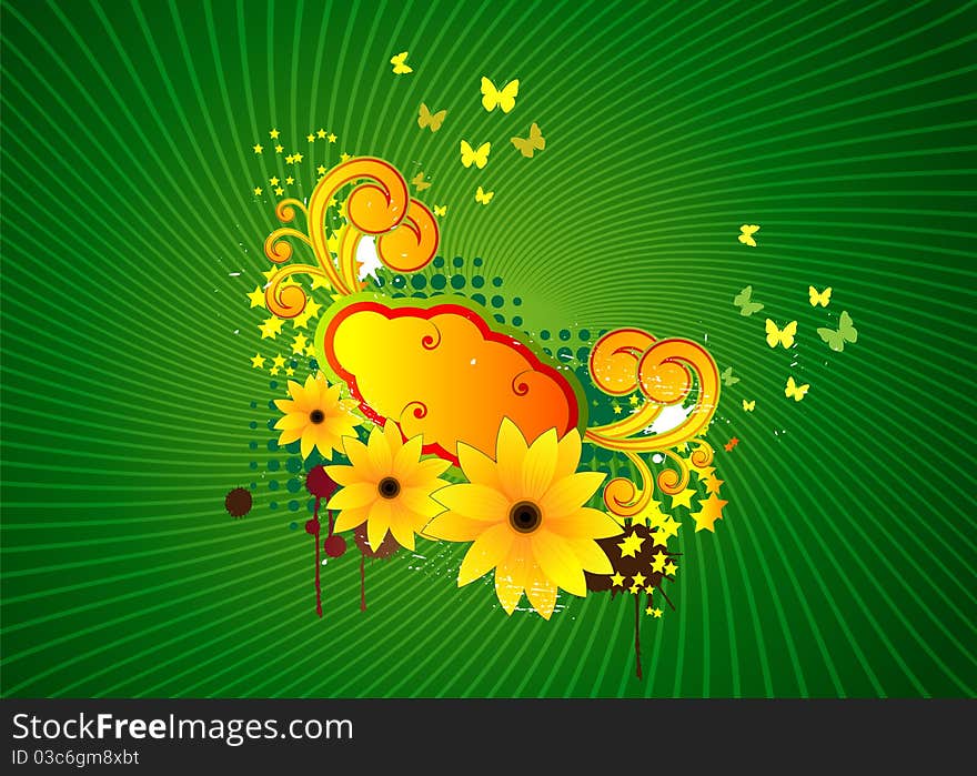 Abstract illustration with yellow flowers on a green background. Abstract illustration with yellow flowers on a green background