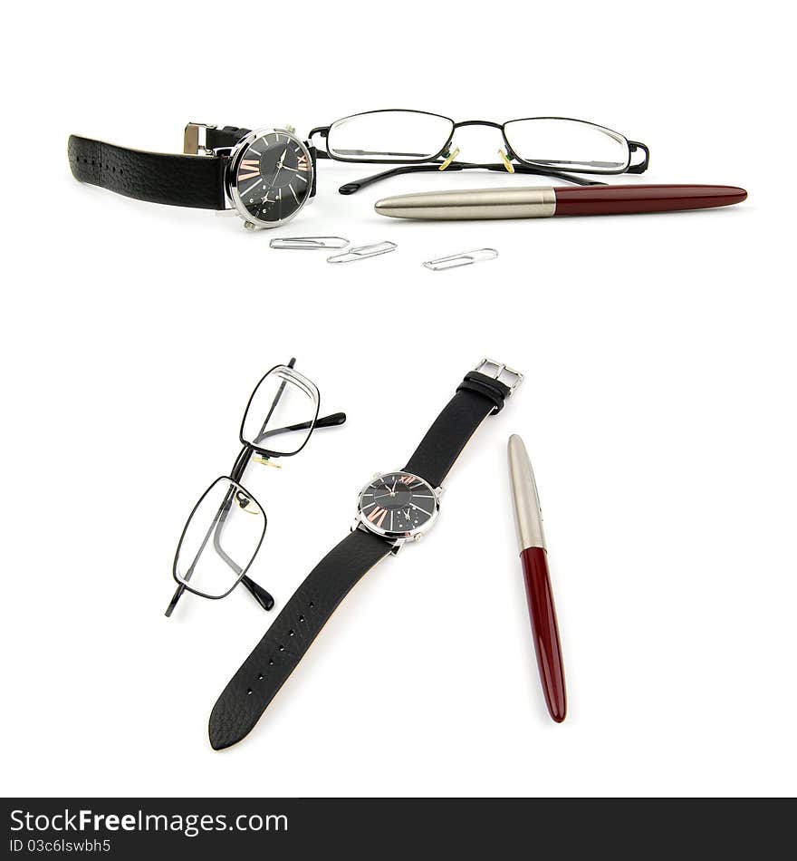 Glasses, pen, watch and paper-clip.