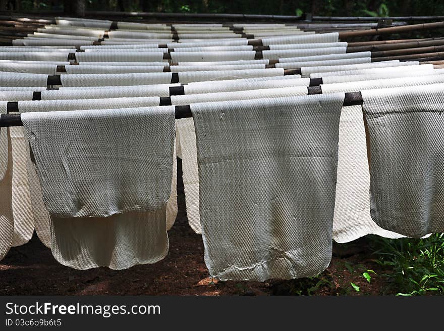 Rubber sheet on a rack. This is a process in the production of raw rubber.Southern Thailand. Rubber sheet on a rack. This is a process in the production of raw rubber.Southern Thailand.