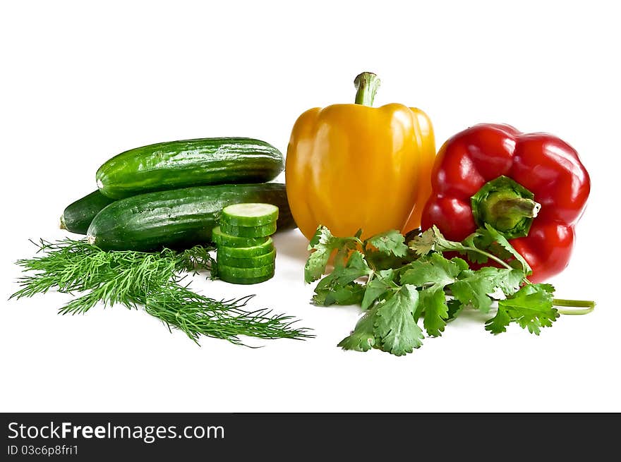 Cucumber, pepper, parsley, fennel isolated a white background. Cucumber, pepper, parsley, fennel isolated a white background