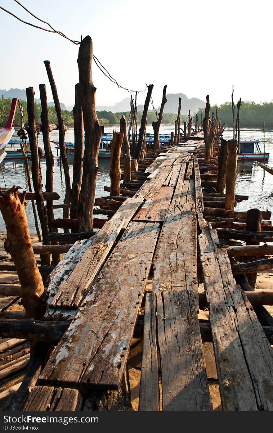 Old Wooden pier at phang nga bay in thailand