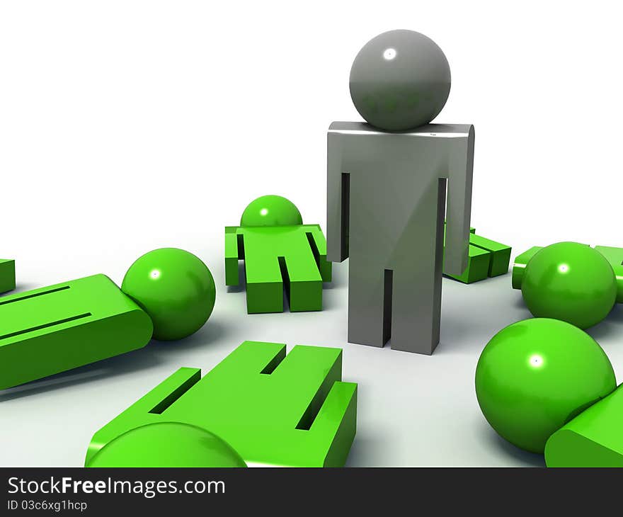 3d render of one man standing while the others are lying on the ground. 3d render of one man standing while the others are lying on the ground