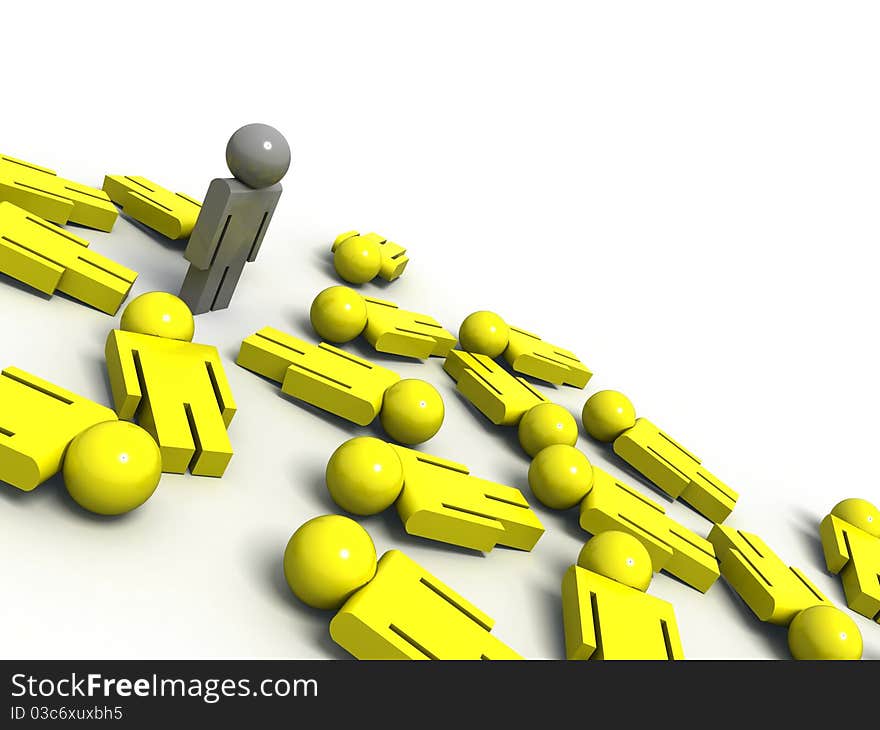 3d render of one man standing while the others are lying on the ground. 3d render of one man standing while the others are lying on the ground