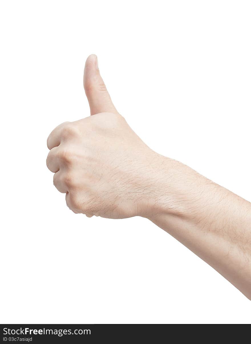 Thumbs up man's hand isolated on white background