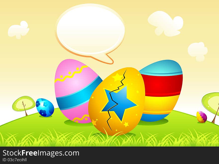 Illustration of colorful decorated easter eggs with speech bubble on meadow