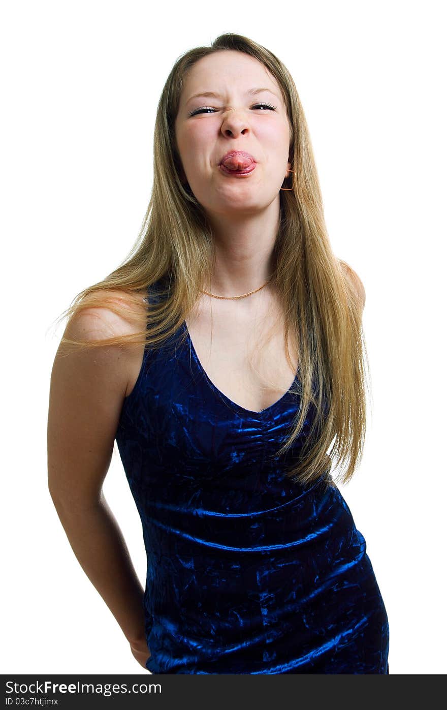 The fun girl in blue dress. Isolation on a white background