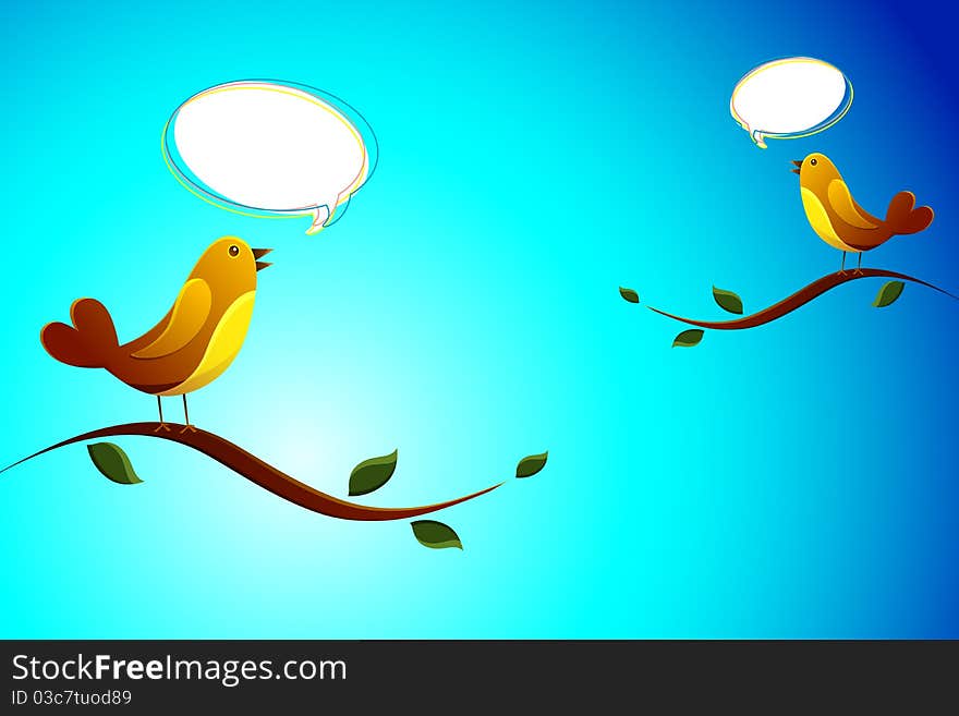 Illustration of love birds sitting on tree and chatting. Illustration of love birds sitting on tree and chatting