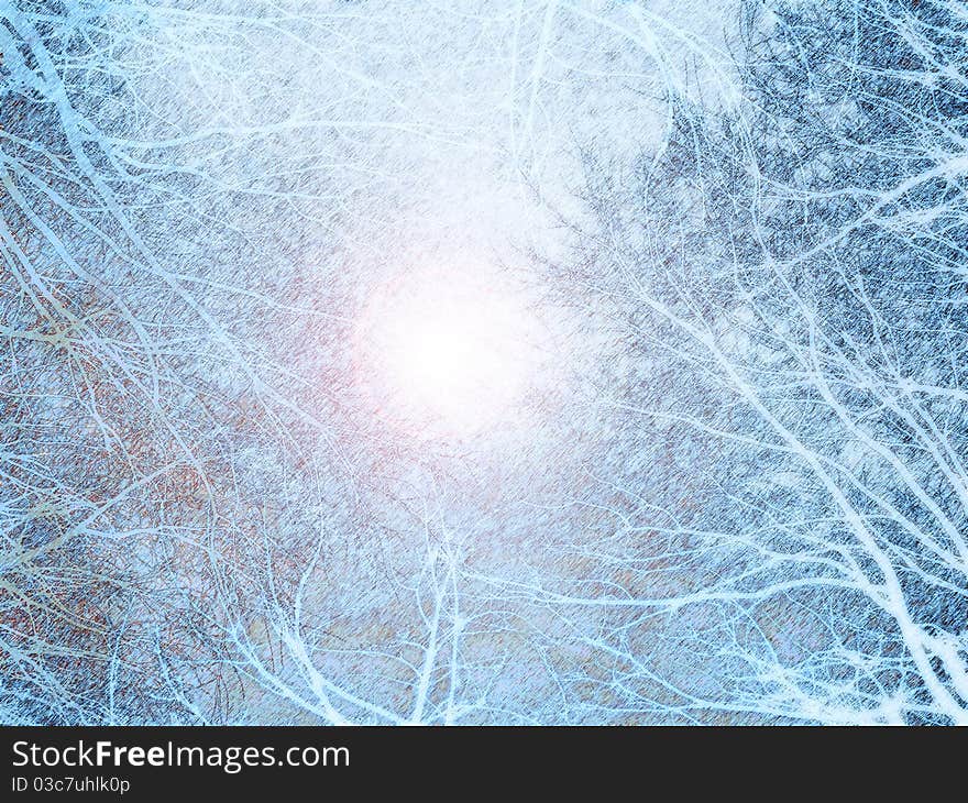 Artistic image of a bright sun in sky through tree branches. Blues and browns. Artistic image of a bright sun in sky through tree branches. Blues and browns.