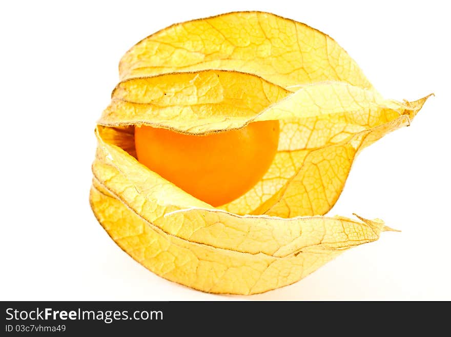 Yellow ripe fruit of Physalis Peruvian on a white background. Yellow ripe fruit of Physalis Peruvian on a white background